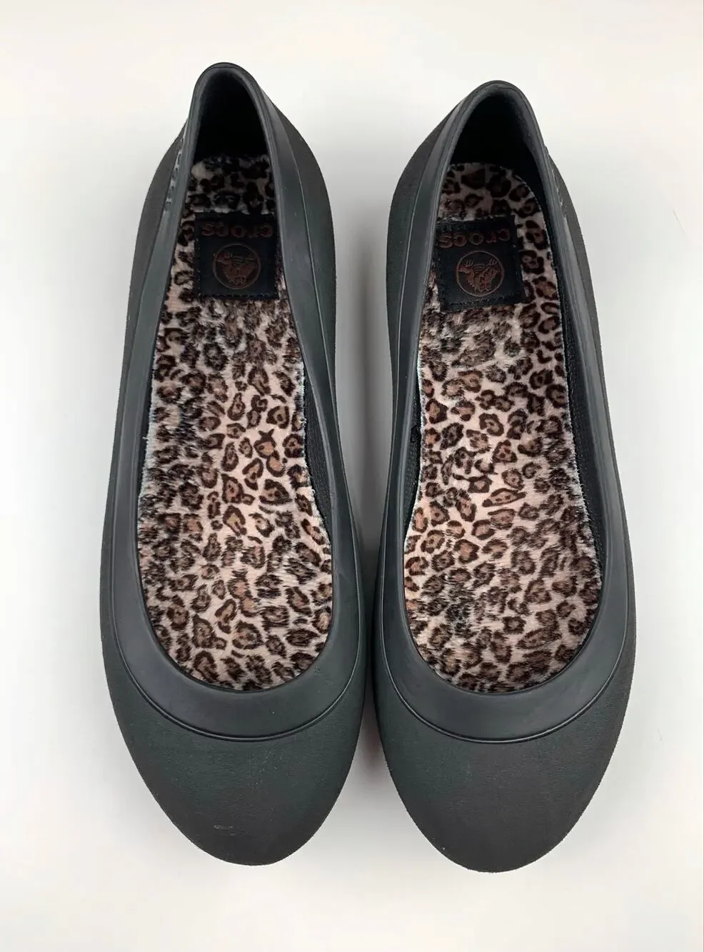 Crocs Mammoth Leopard Lined Ballet Flats Black Slip On Comfort Shoes Women's 9
